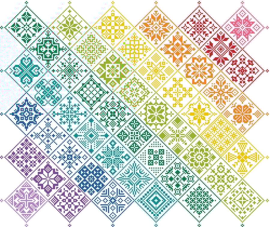 042A - Quaker Style Banded Rainbow on White Patchwork Tile Sampler - CS Pattern