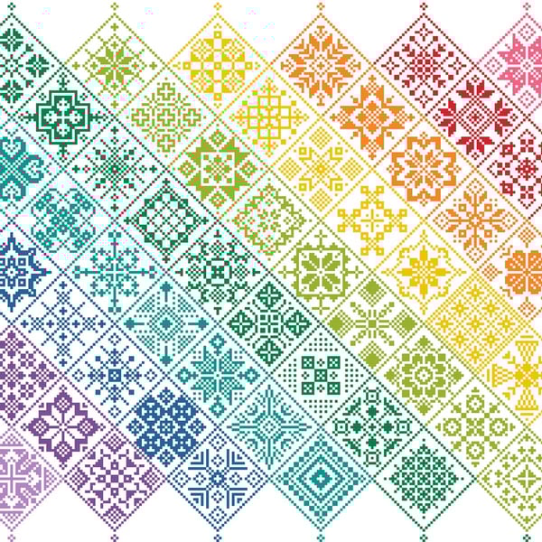 042A - Quaker Style Banded Rainbow on White Patchwork Tile Sampler - CS Pattern