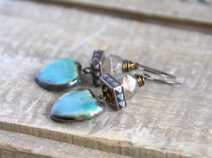 Rustic Aqua Ceramic Heart Earrings