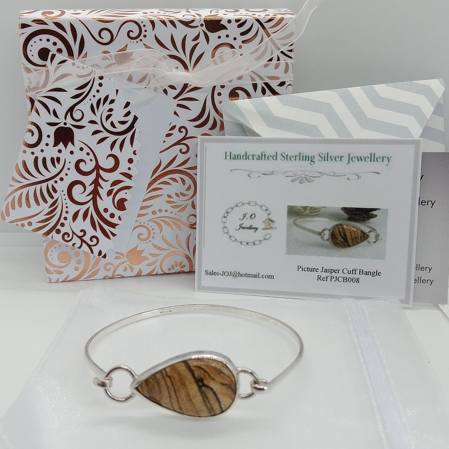 Picture Jasper Oval Cuff Bangle Sterling Silver Hallmarked Gift for her 