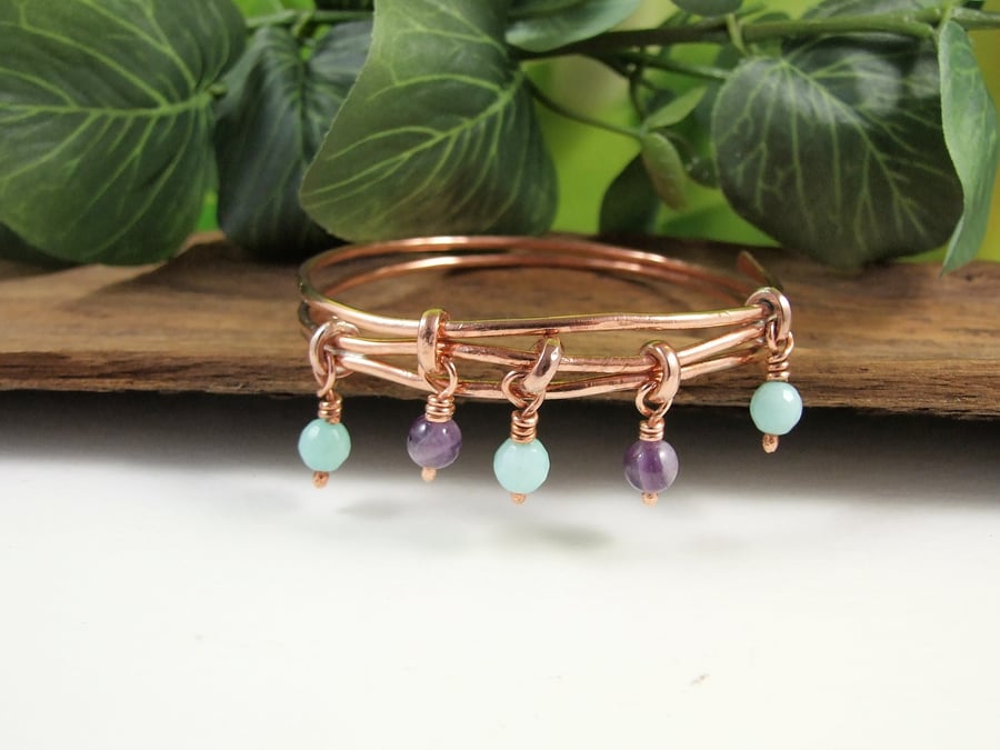 Bangle, Copper with Mint Green Agate and Amethyst Wrapped BoHo Bracelet