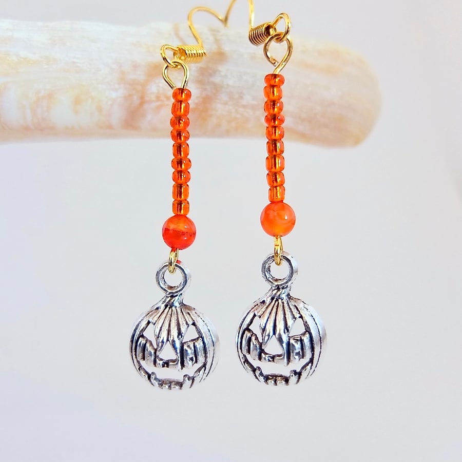 Halloween Earrings - Silver Pumpkin And Orange Beads - Free UK Delivery