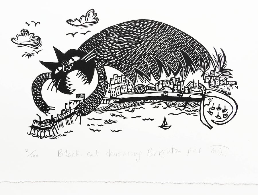 Black Cat Devouring Brighton Pier - lino cut print