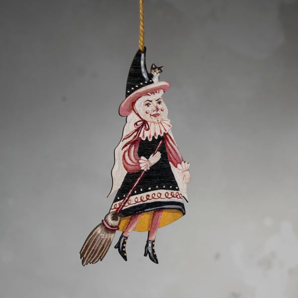 Wooden hanging decoration of a witch called Helen- double sided