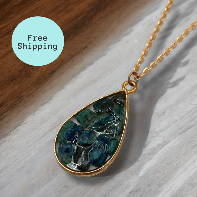 Chrysocolla Rose Gold plated Teardrop Worry Stone Necklace - Free Postage