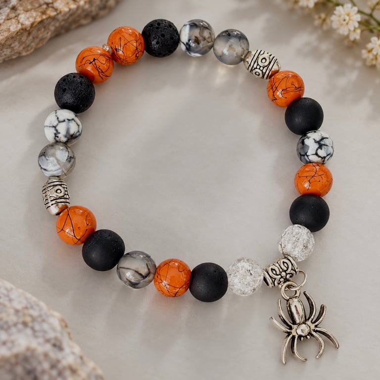 Halloween Spider Charm Stretch Bracelet – Orange & Black Glass Beads