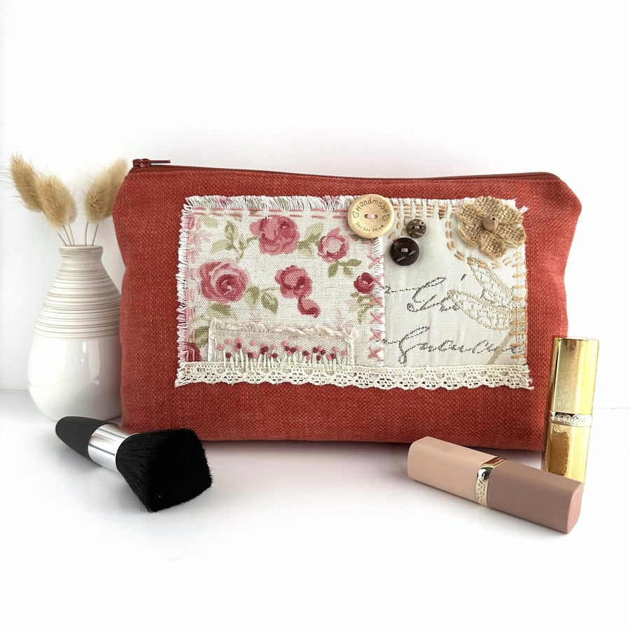 Large Makeup Bag, Terracotta Make up Bag with Floral Fabric Patch Collage
