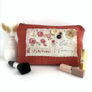 Large Makeup Bag, Terracotta Make up Bag with Floral Fabric Patch Collage