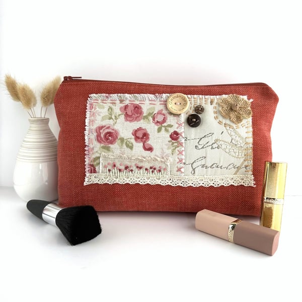 Large Makeup Bag, Terracotta Make up Bag with Floral Fabric Patch Collage