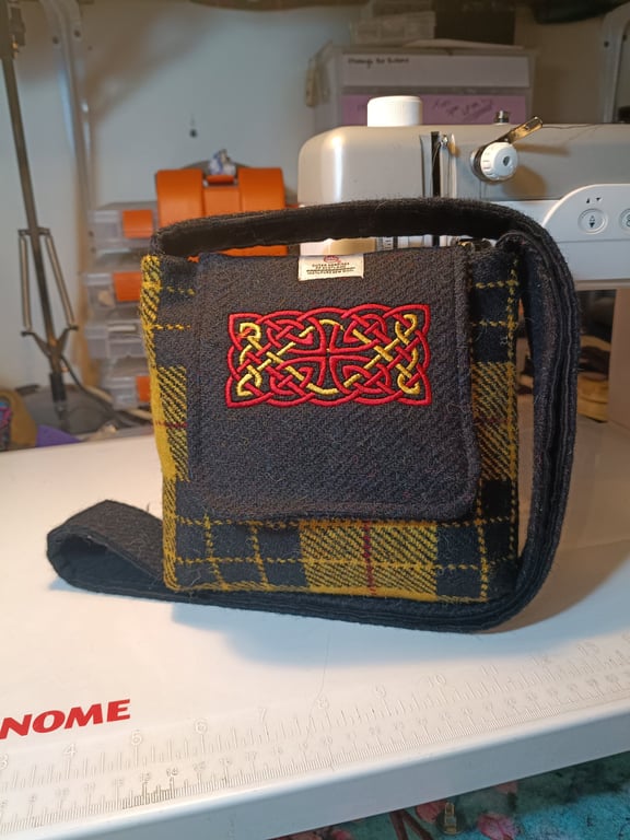 Harris tweed Macleod cross body bag with Celtic knot