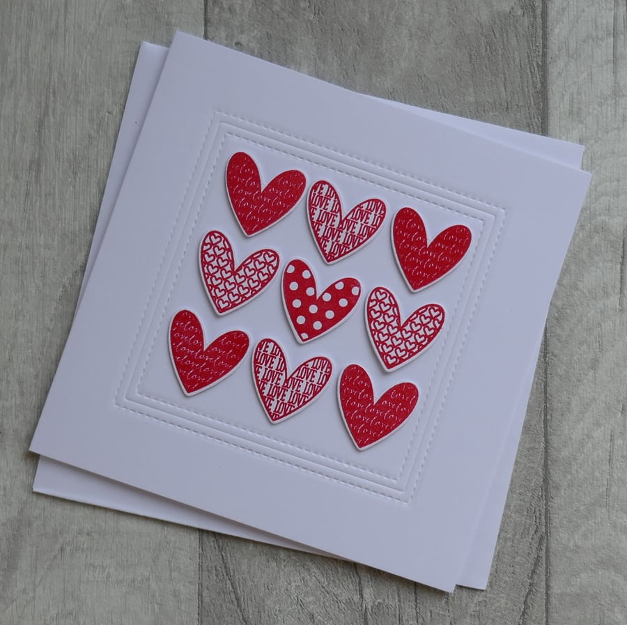 Nine Red Embossed Hearts - Anniversary, Wedding, Love Card