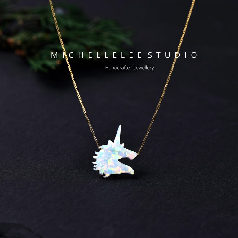 Unicorn White Opal Animal Necklace with 925 Sterling Silver Chain