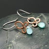 Hammered Copper Wire Earrings with Blue Drops