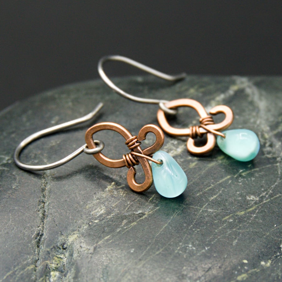 Hammered Copper Wire Earrings with Blue Drops