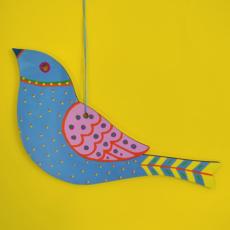 Hand painted wooden bird hanging, blue bird wall art, unique wall decor 