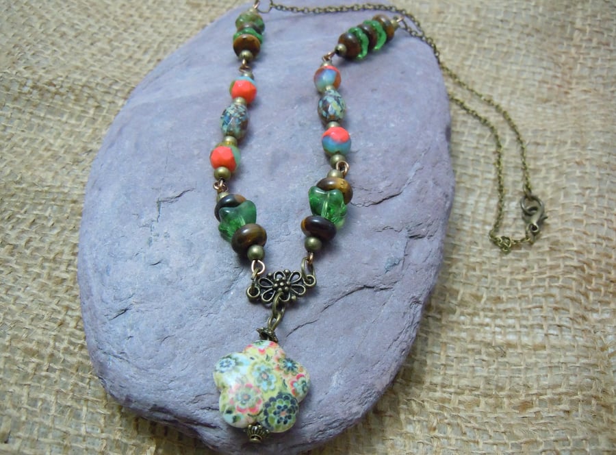 Howlite, Tiger's Eye & Czech glass beads necklace pendant