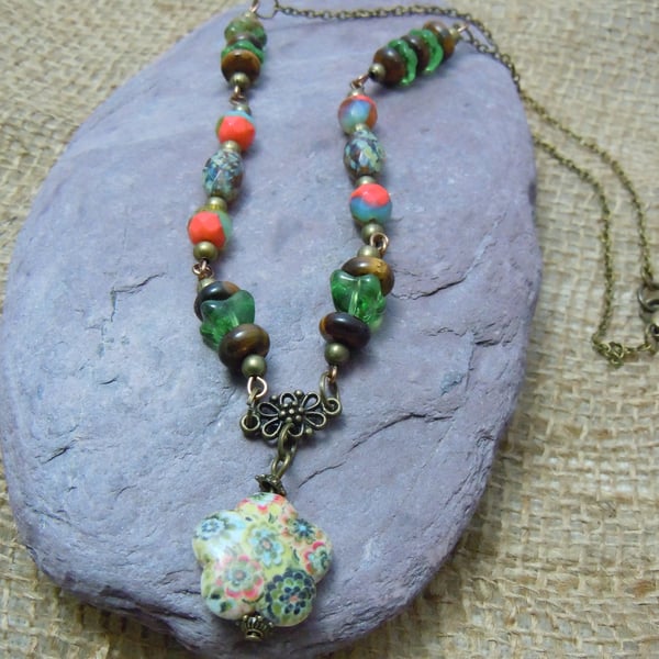 Howlite, Tiger's Eye & Czech glass beads necklace pendant