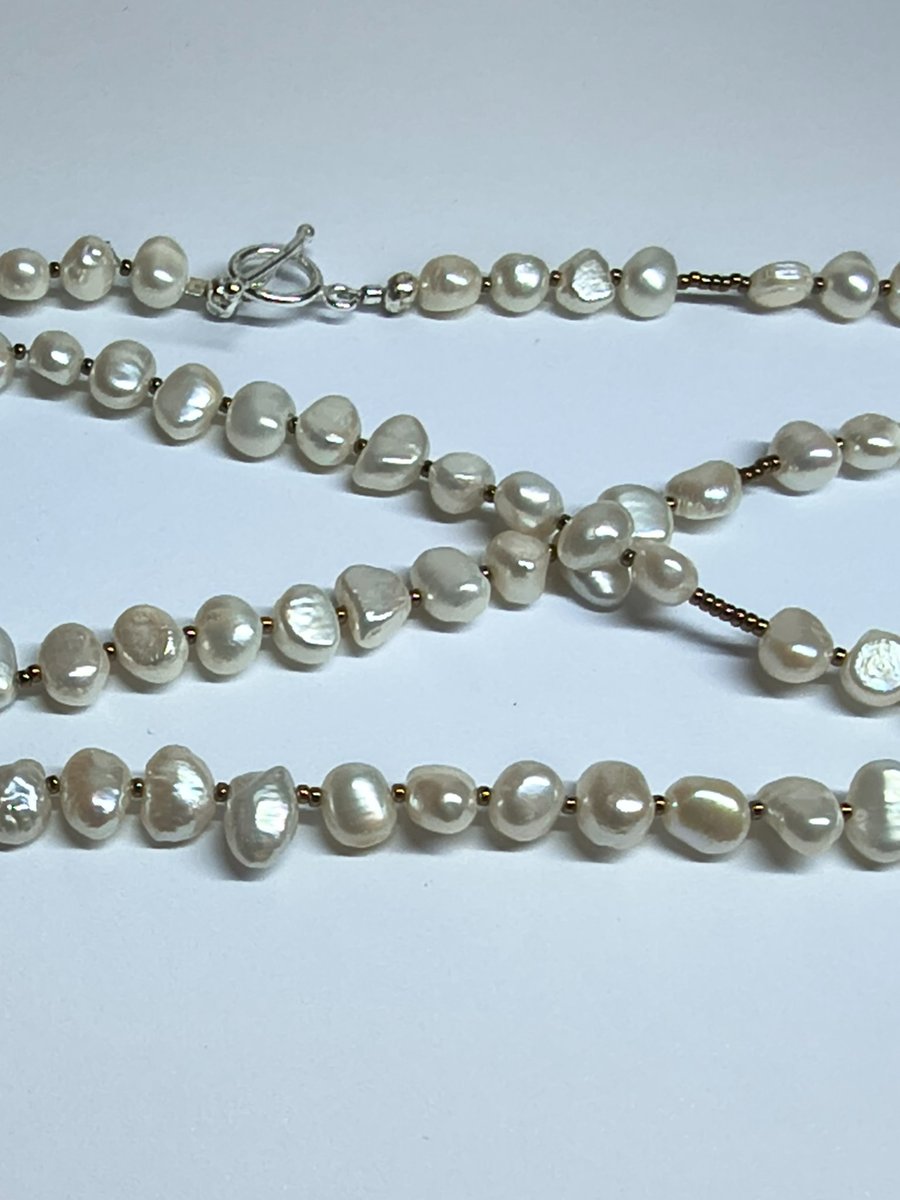 Long Freshwater Pearl Necklace with Purple Accents & Silver Tone T-Bar Clasp