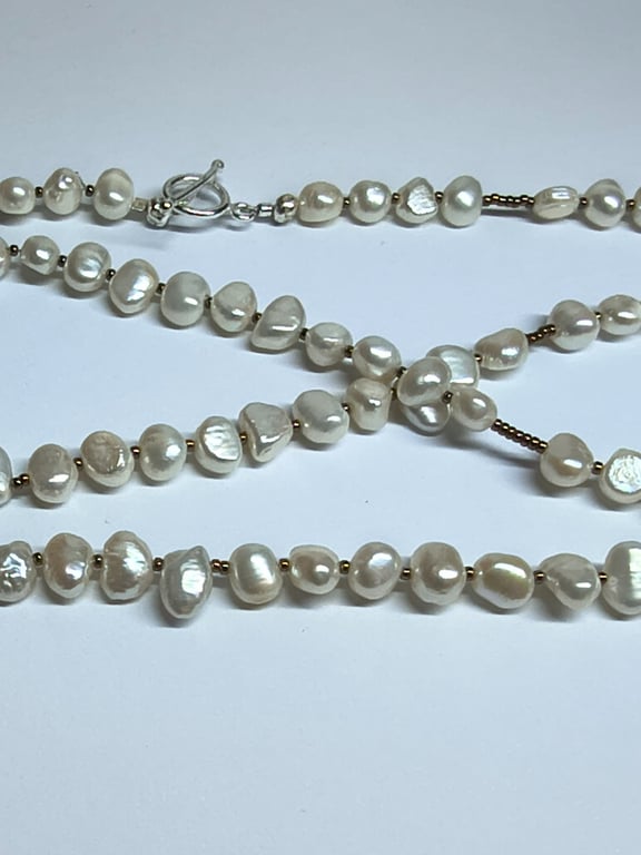 Long Freshwater Pearl Necklace with Purple Accents & Silver Tone T-Bar Clasp