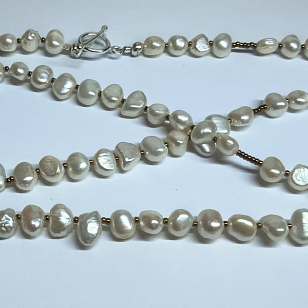 Long Freshwater Pearl Necklace with Purple Accents & Silver Tone T-Bar Clasp