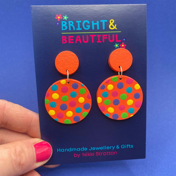 Coral and multicolour hand painted wooden earrings