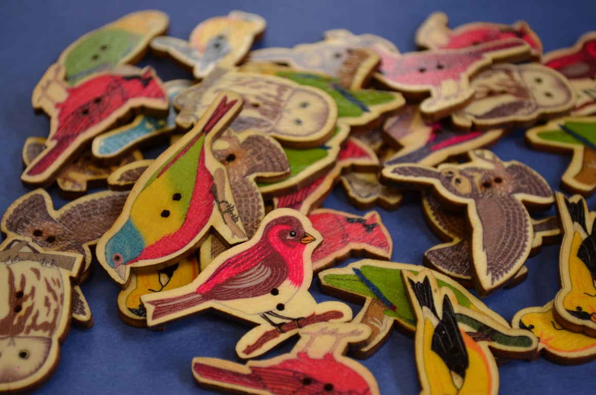 Wooden Bird Shaped Buttons Mixed 6pk Various Sizes Parrot Owl (BD23)