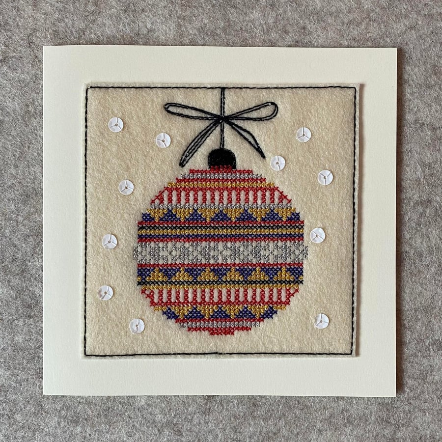Christmas Bauble Card, Cross stitch Christmas Bauble, Festive Bauble Textiles