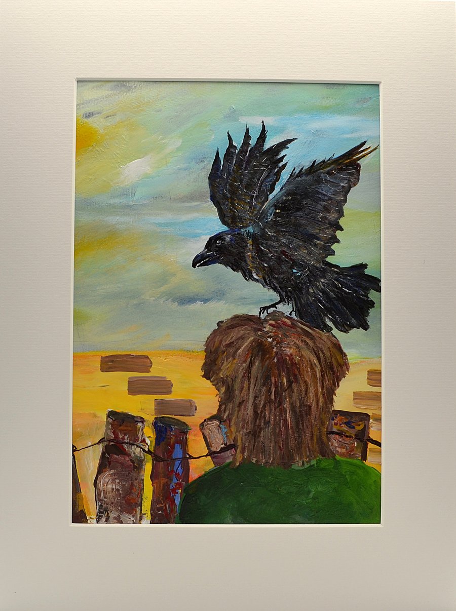 Original Painting of a Crow and a Person Looking for Peace (16x12)
