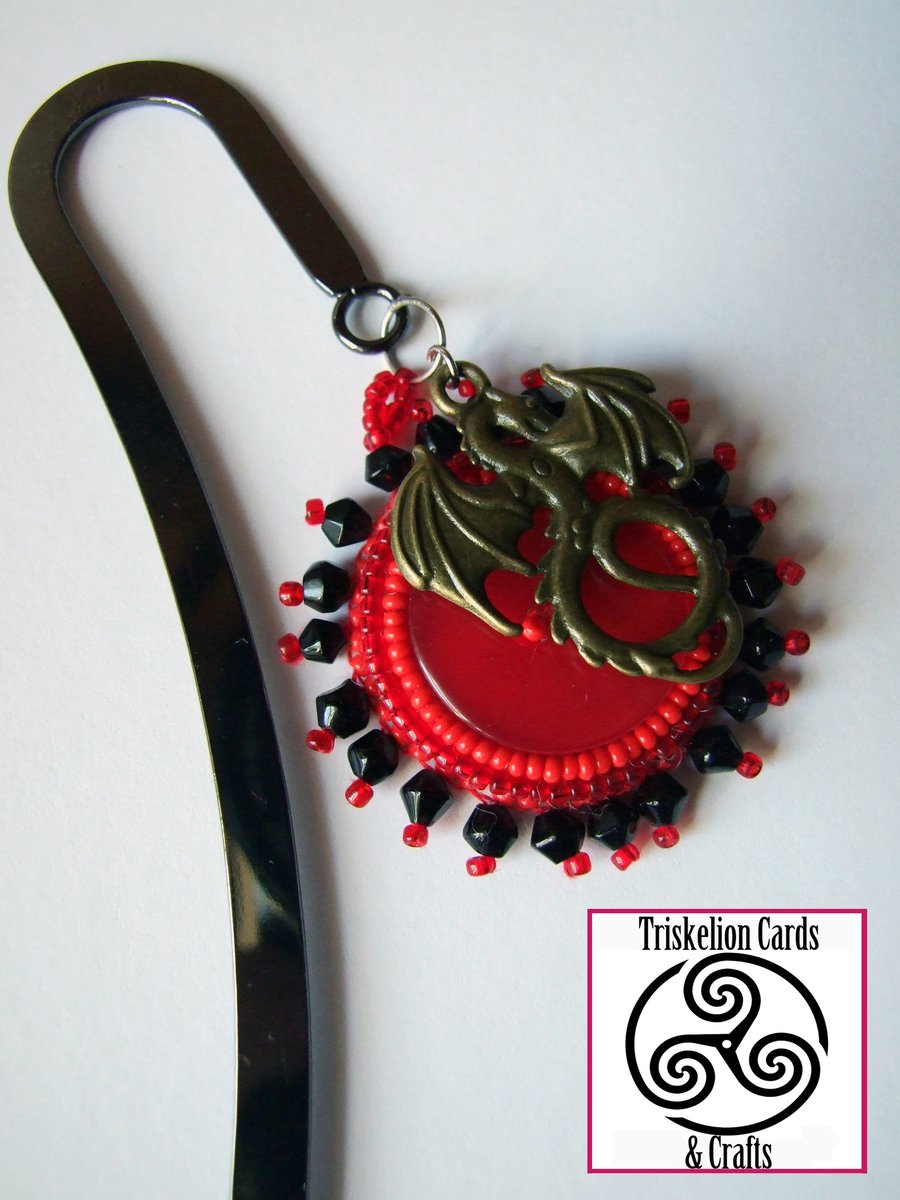 Blood Moon Vampire Themed Black Antique Curved Metal Bookmark with Beaded Button