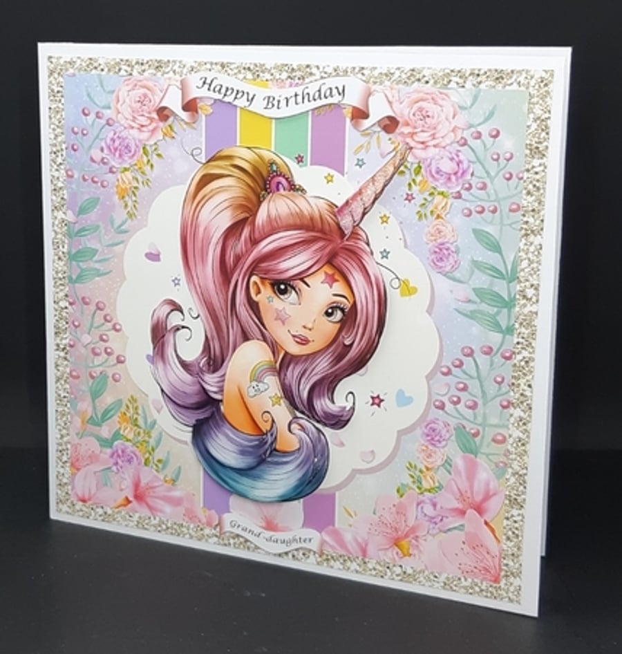 3D Pretty Girl Unicorn square card