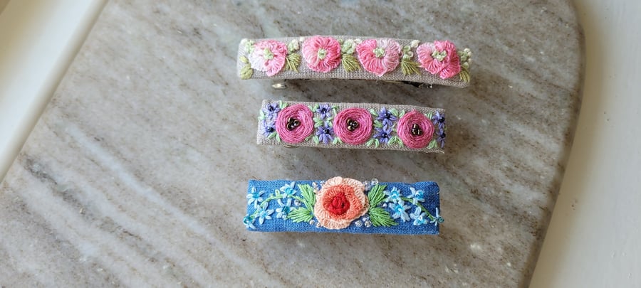 Hand embroidered floral french barrette pink cherry blossom spring floral design