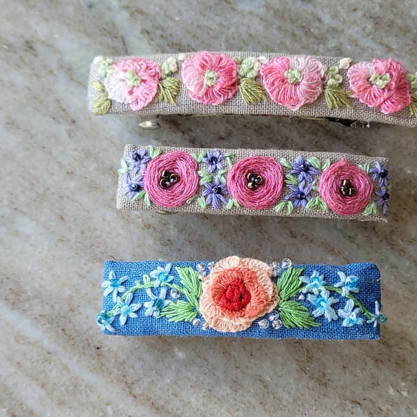 Hand embroidered floral french barrette pink cherry blossom spring floral design