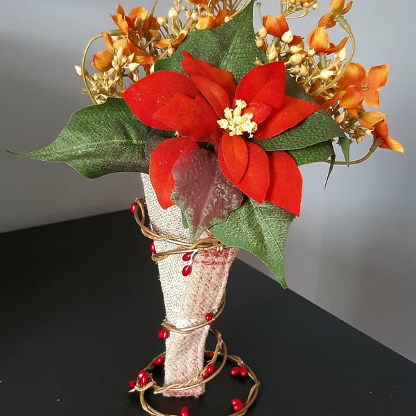 ORANGE & RUSSET FLOWER HESSIAN VASE BEDSPRING ORNAMENT