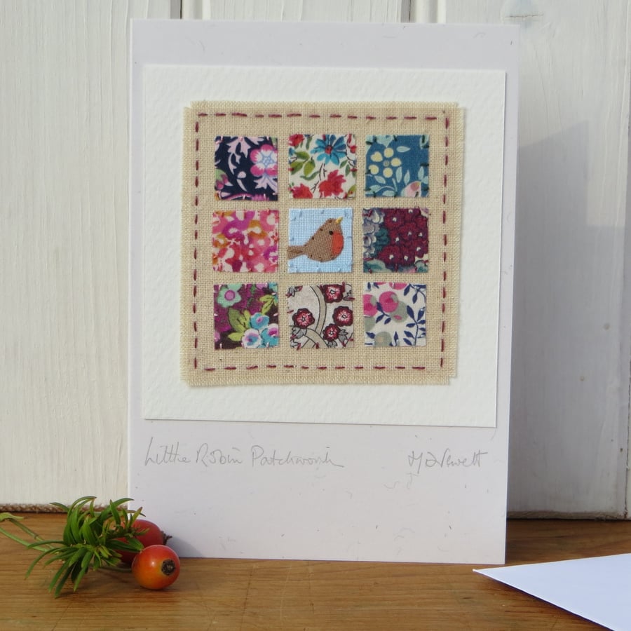 Little Robin Patchwork card hand-stitched miniature, delicate, pretty!