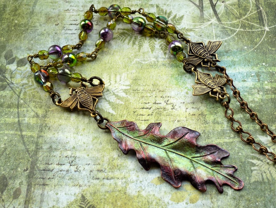 VILLAINOUS Purple and Green Oak Leaf Pendant Necklace, Hand Painted Autumn Oak 
