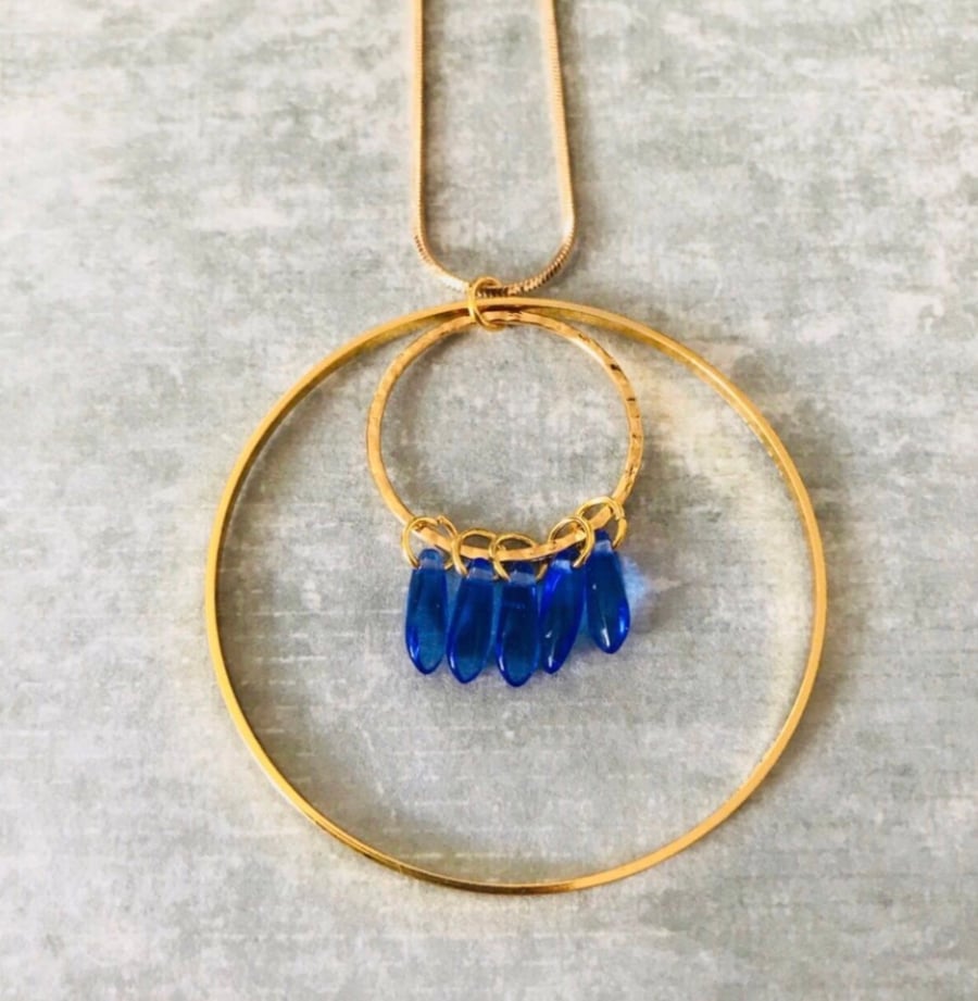 Gold Hoop & Blue Czech Glass Statement Necklace