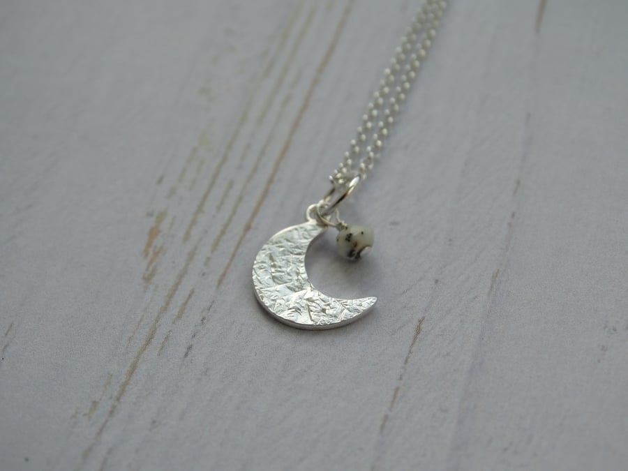 Crescent moon pendant - winter moon - recycled sterling silver dendritic opal