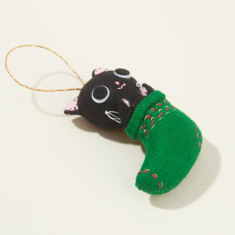 Felt Black Cat in a Stocking - Christmas Hanging Decoration