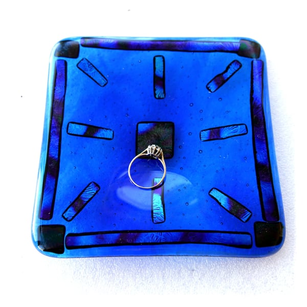 Handmade Fused Glass Blue Dichroic Dish 12cm Square 