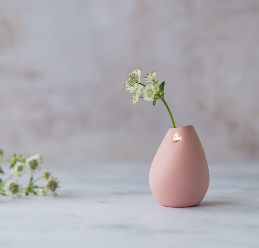 Small Pastel Pink Bud Vase with an Embossed Gold Heart