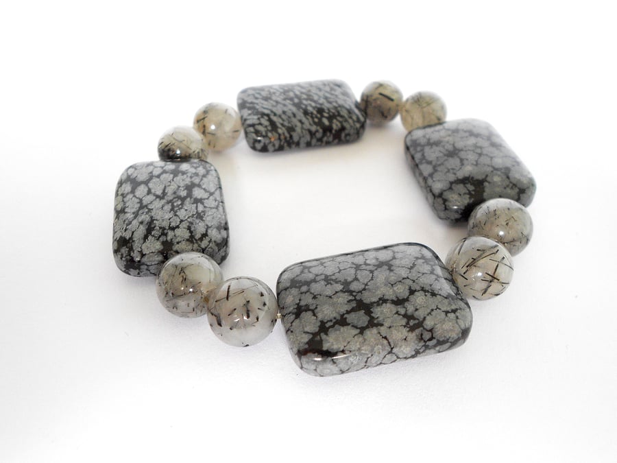 Obsidian and rutile quartz bracelet