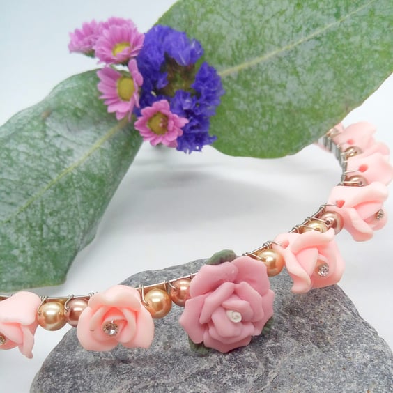 Headband made with Clay Roses with Rhinestone Centres and Gold and Bronze Pearls