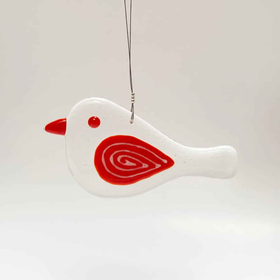 Fused Glass Red Spiral Bird Hanging - Handmade Glass Suncatcher