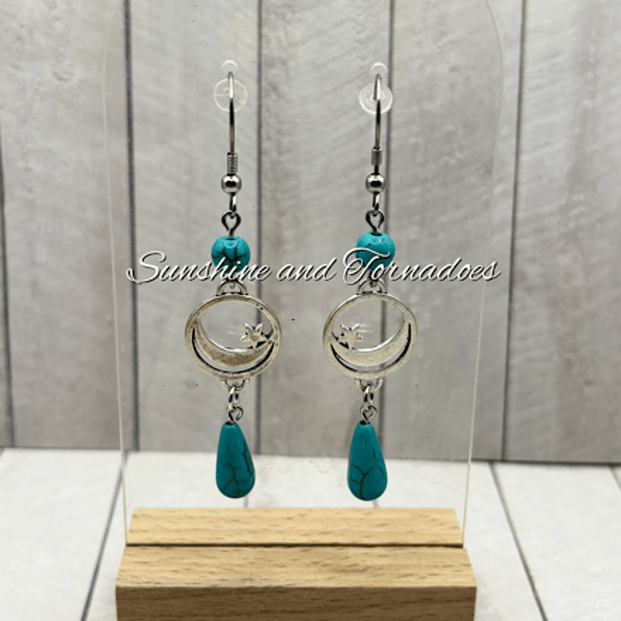 Turquoise Howlite Moon & Stars Earrings – Handmade Boho Gemstone Jewellery.