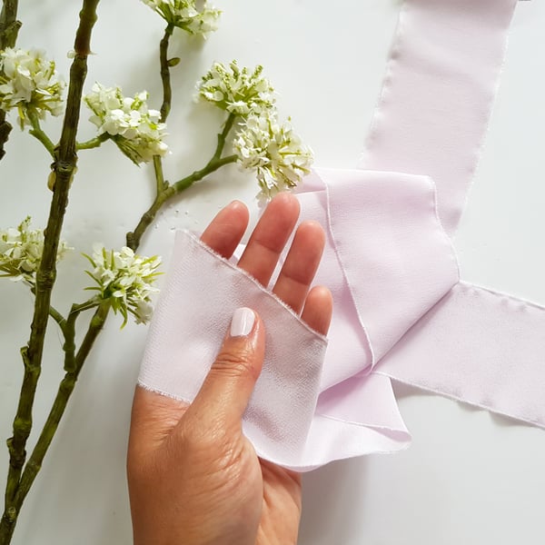 Orchid pearl 100% silk crepe de chine ribbon with raw edge