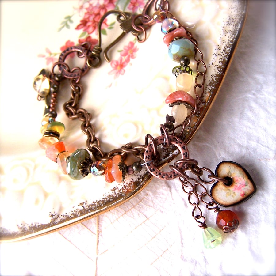 Artisan Bracelet, Heart Charm Bracelet, Pastel Beads, Gemstones, Ooak