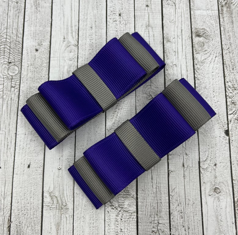Purple and Grey 3 inch Straight Bows on Clips (pair)