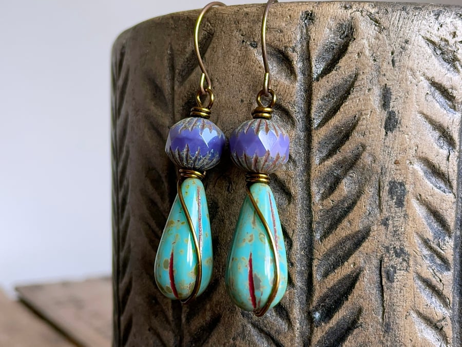 Rustic Czech Glass Earrings. Fluted Drop Earrings. Purple & Turquoise Earrings 