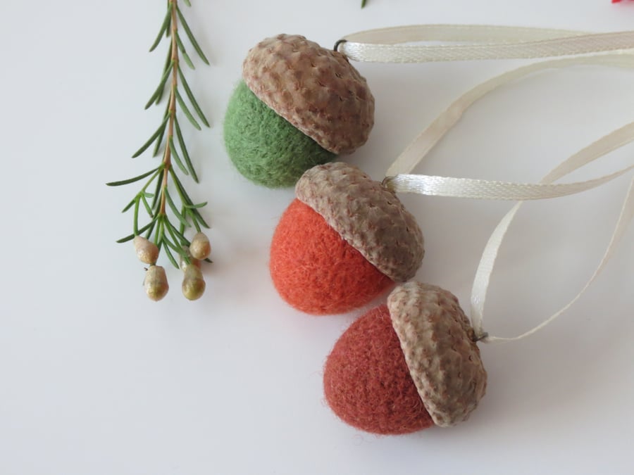 Set of 3 Needle Felted Acorns (Large) Hanging Decorations