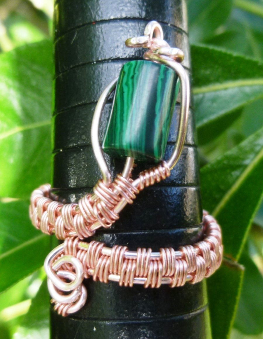 Malachite Adjustable Wire Wrapped Rose Gold Coloured Copper Ring R228
